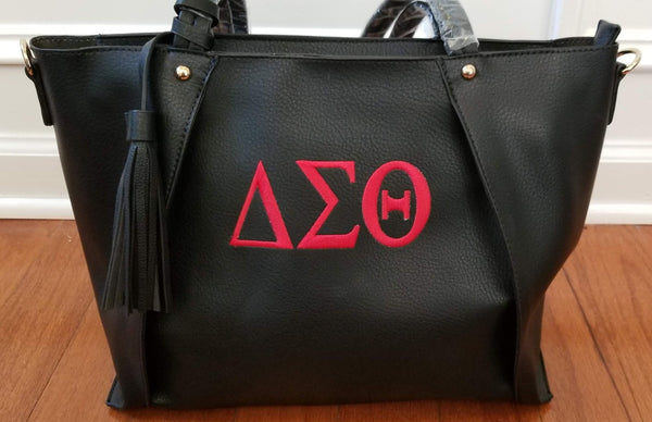 Embroidered Delta Sigma Theta 2 in 1 Black Handbag with Gold Studs
