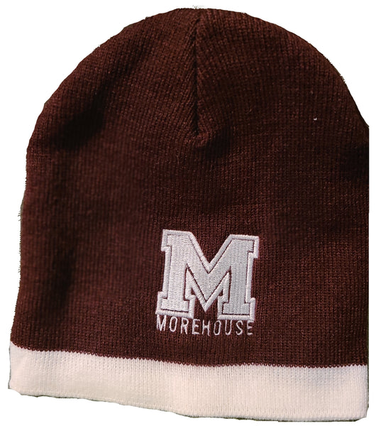 Morehouse Embroidered Maroon with White Stripe Beanie