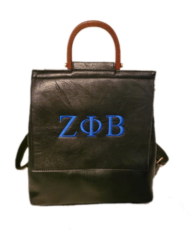 Embroidered Zeta Phi Beta Wooden Top Handle Convertible Backpack